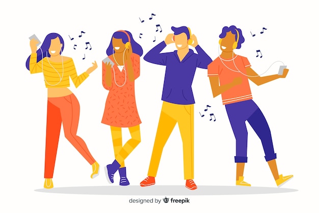 Vector gratuito pack de personas escuchando música y bailando ilustrado