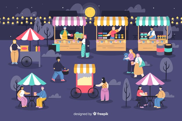 Pack de personas en una feria nocturna