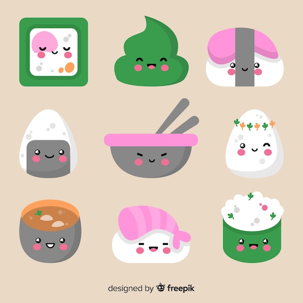 Vector gratuito pack piezas de sushi kawaii