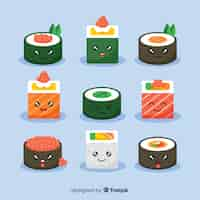 Vector gratuito pack piezas de sushi kawaii