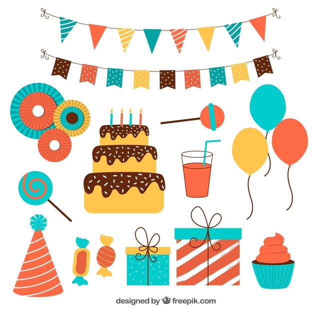 Pack plano de adornos de cumpleaños coloridos