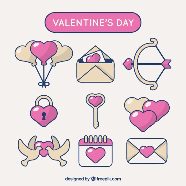 Pack plano de artículos amarillos y rosas para el día de san valentín