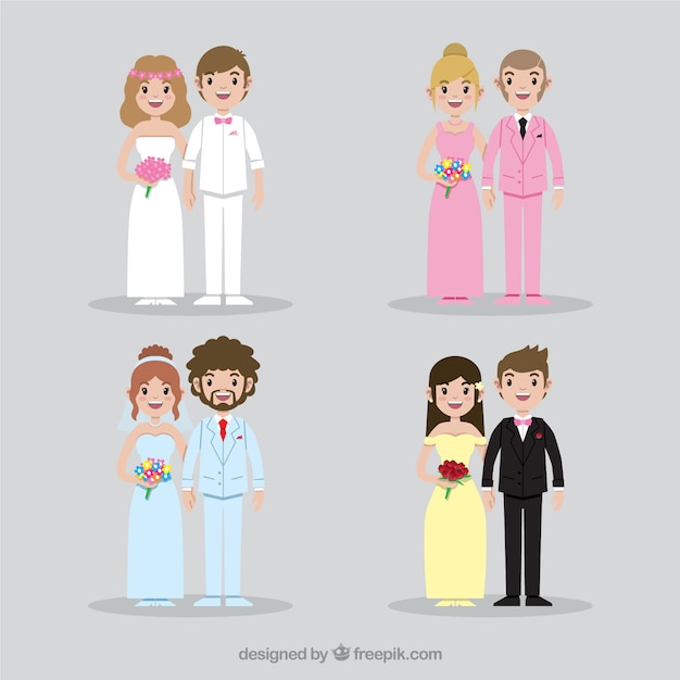 Pack plano de cuatro parejas de boda sonrientes