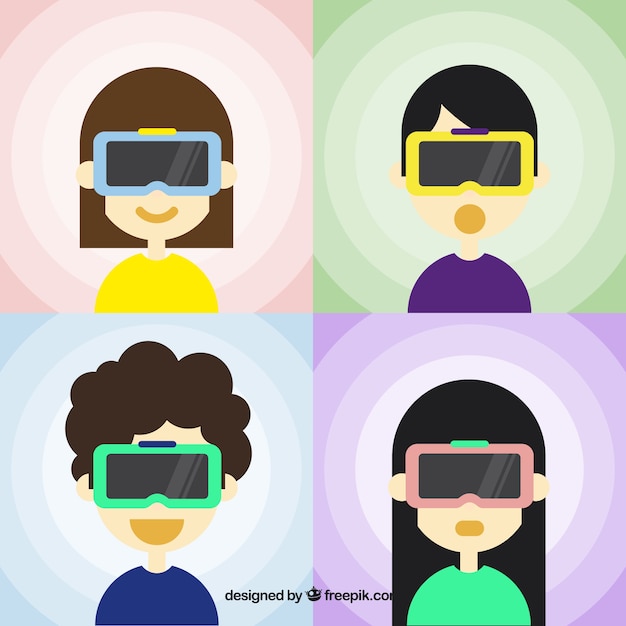 Vector gratuito pack plano de cuatro personajes con gafas virtuales