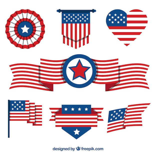 Vector gratuito pack plano de elementos decorativos con la bandera americana