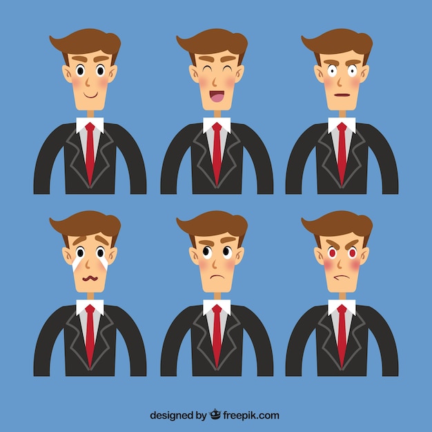 Vector gratuito pack plano de personaje de hombre de negocios expresivo