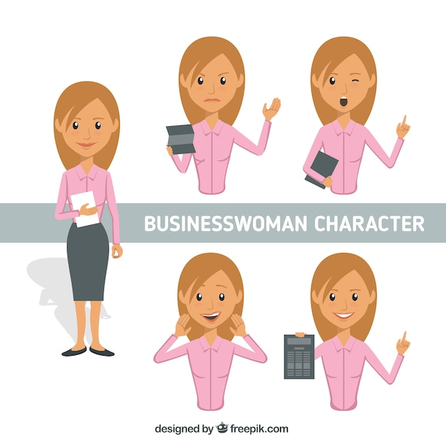 Vector gratuito pack plano de personaje de mujer de negocios con diferentes expresiones