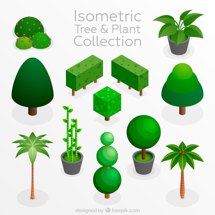 Vector gratuito pack de plantas y árboles en diseño isométrico.