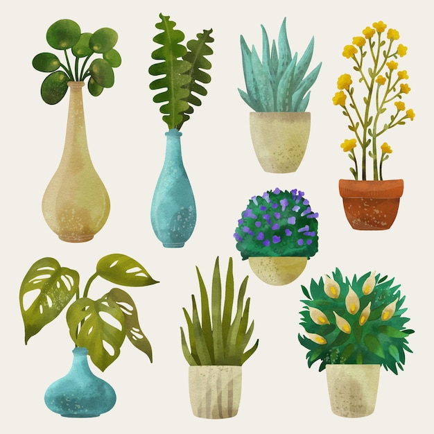 Vector gratuito pack de plantas de interior de acuarela pintadas