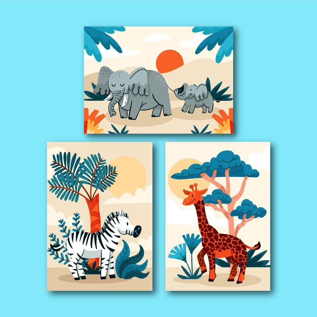 Pack de portadas de animales salvajes dibujados a mano