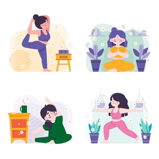 Pack de poses del día internacional del yoga dibujadas a mano