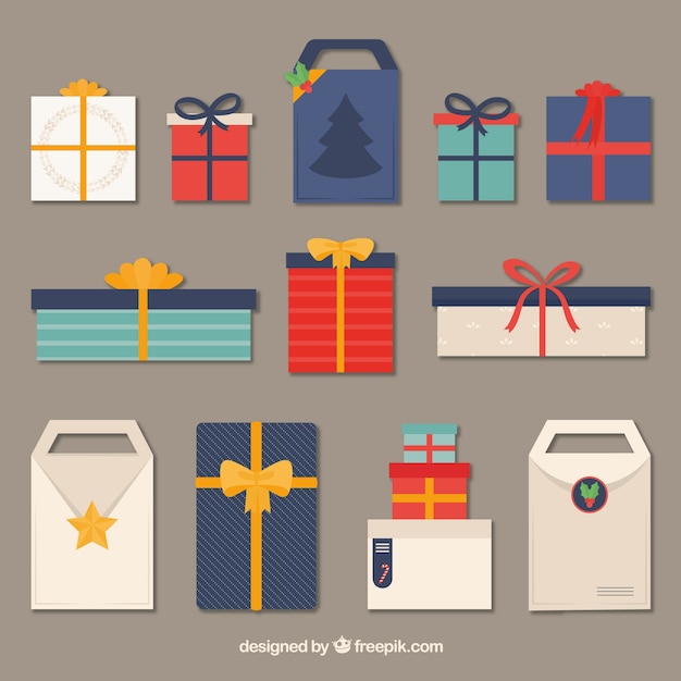 Vector gratuito pack de regalos de navidad en diseño plano