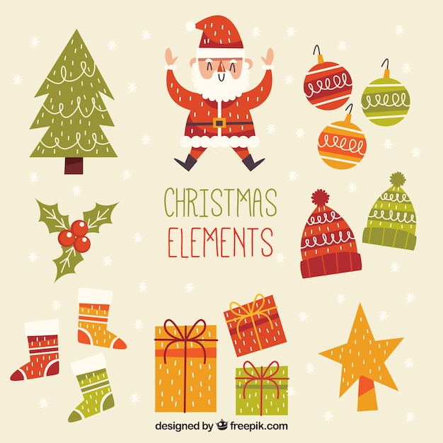 Pack retro de elementos navideños decorativos dibujados a mano 