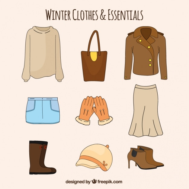 Vector gratuito pack de ropa básica femenina de invierno dibujada a mano