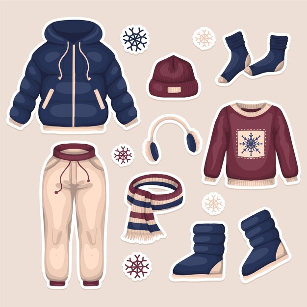Pack de ropa de invierno dibujado a mano