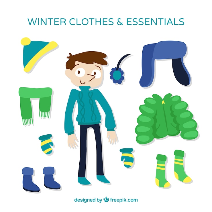 Vector gratuito pack de ropa de invierno con niño