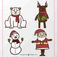 Vector gratuito pack de santa claus y animales dibujados a mano