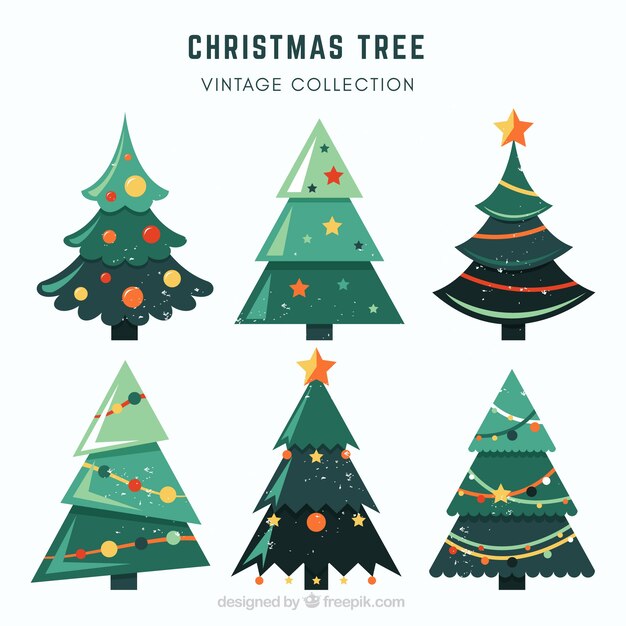 Pack de seis árboles de navidad retro en diseño plano 
