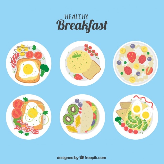 Vector gratuito pack de seis desayuno saludables en diseño plano