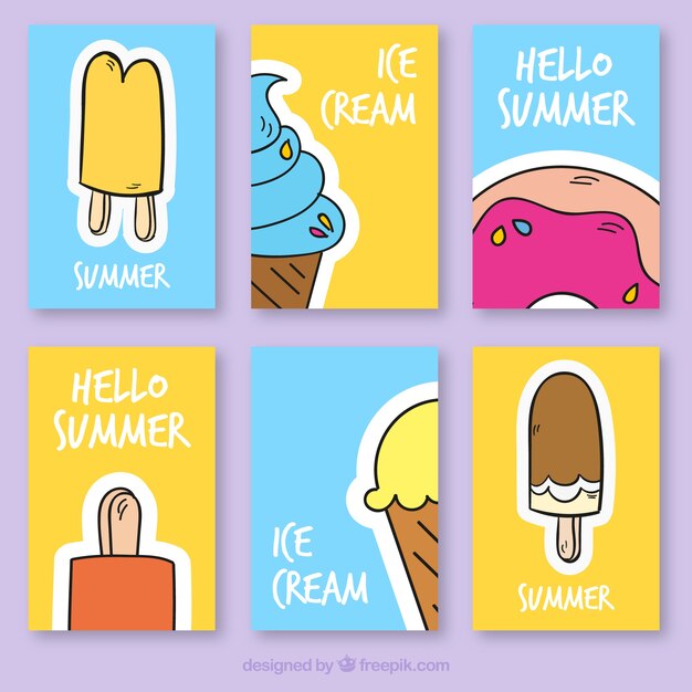 Pack de seis tarjetas dibujadas a mano con helados sabrosos