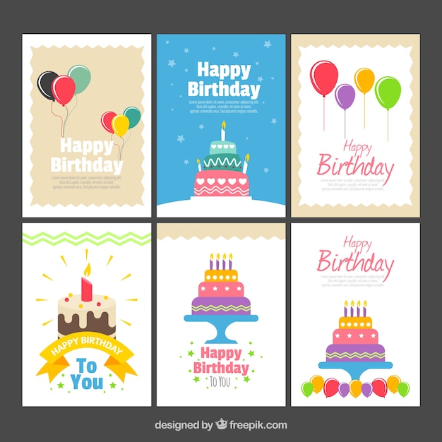 Pack de seis tarjetas con elementos de cumpleaños 