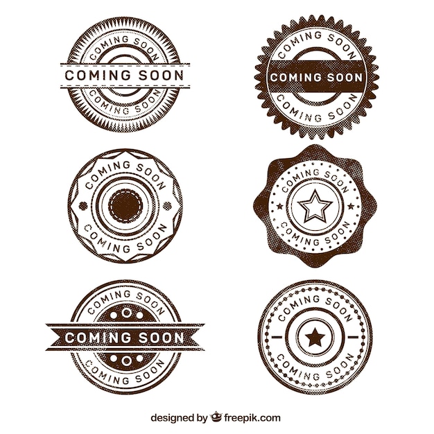 Pack de sellos retro con texto "proximamente"