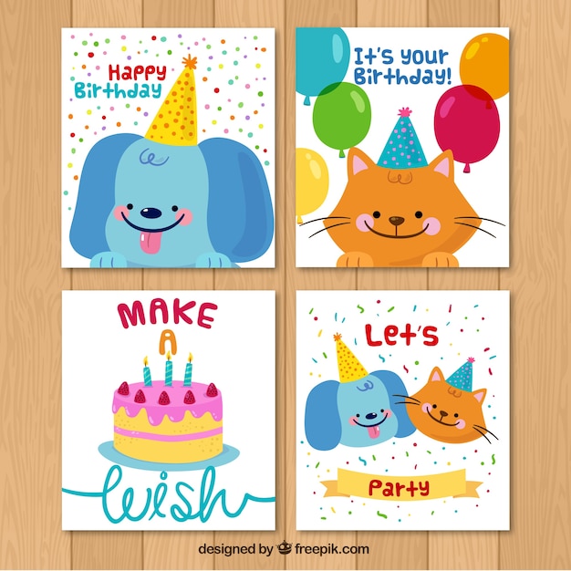 Vector gratuito pack de simpáticas tarjetas de cumpleaños