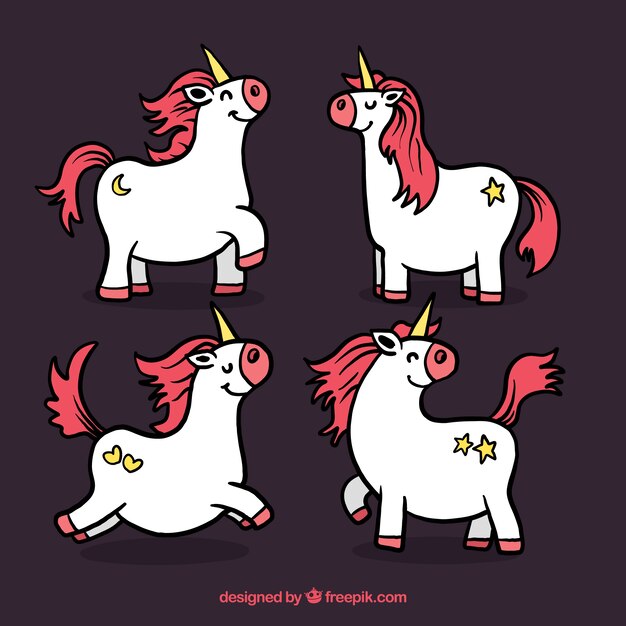 Vector gratuito pack de simpáticos unicornios dibujados a mano