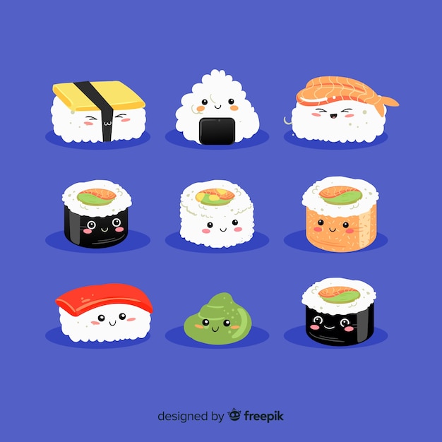 Vector gratuito pack sushi kawai dibujado a mano