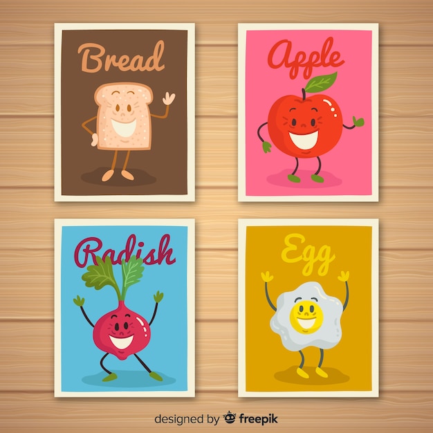 Vector gratuito pack tarjetas comida animada