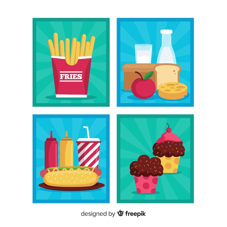 Vector gratuito pack tarjetas de comida planas