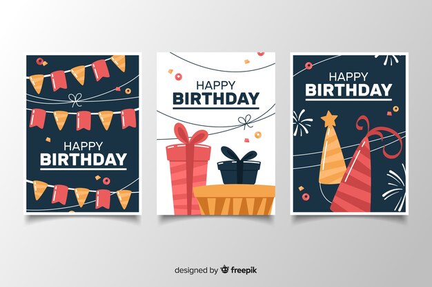 Pack de tarjetas de cumpleaños con decoraciones en diseño plano