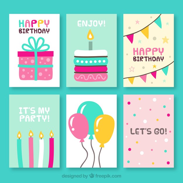 Pack de tarjetas de cumpleaños en diseño plano 