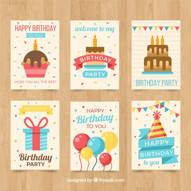 Pack de tarjetas de cumpleaños en diseño plano 
