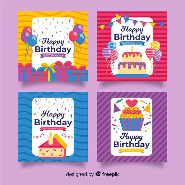 Pack de tarjetas de cumpleaños de diseño plano