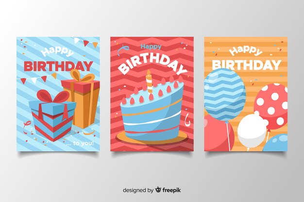 Pack de tarjetas de cumpleaños en diseño plano