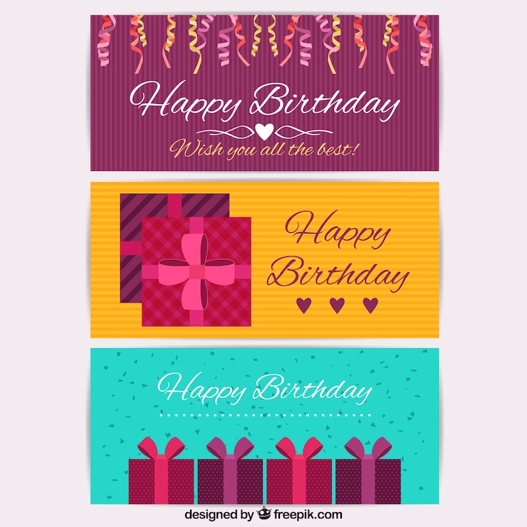 Vector gratuito pack de tarjetas de cumpleaños con regalos y confeti