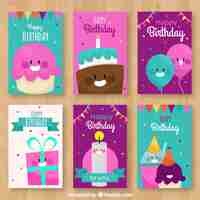 Vector gratuito pack de tarjetas de cumpleaños con simpáticos personajes