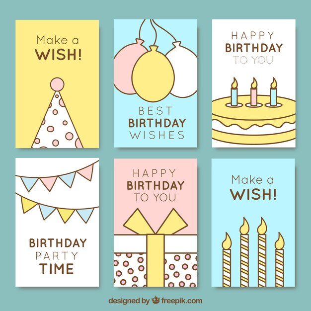 Pack de tarjetas de cumpleaños en tonos claros con dibujos