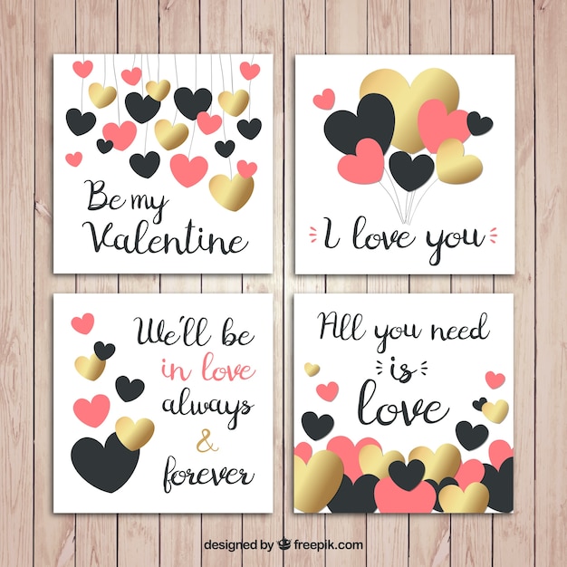 Pack de tarjetas con frases de amor y corazones