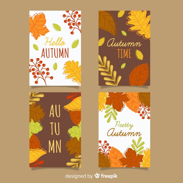Pack de tarjetas de otoño de diseño plano.