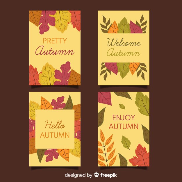 Pack de tarjetas de otoño de diseño plano.