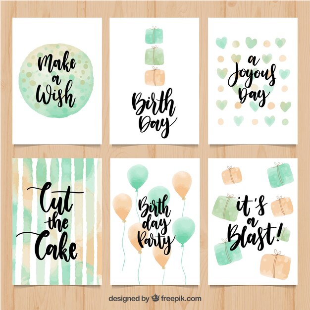 Pack de tarjetas vintage de cumpleaños de acuarela con mensajes