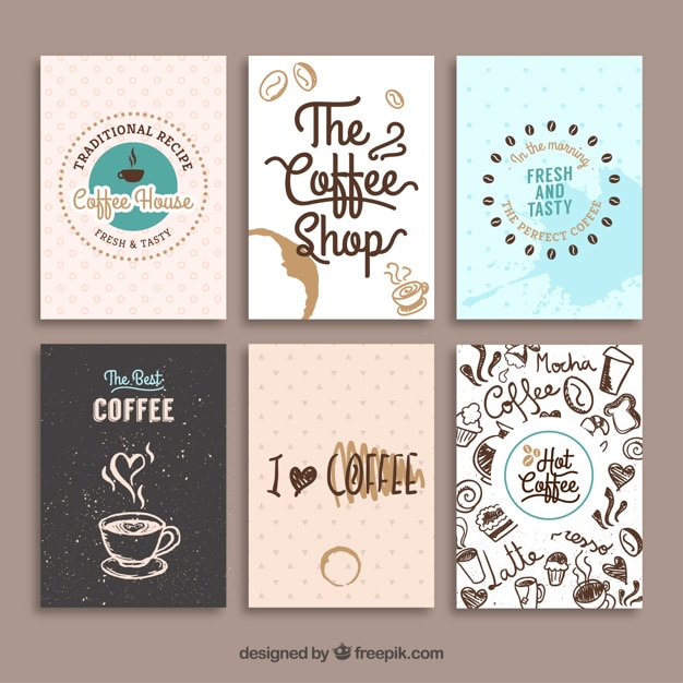 Vector gratuito pack de tarjetas vintage con dibujos de café