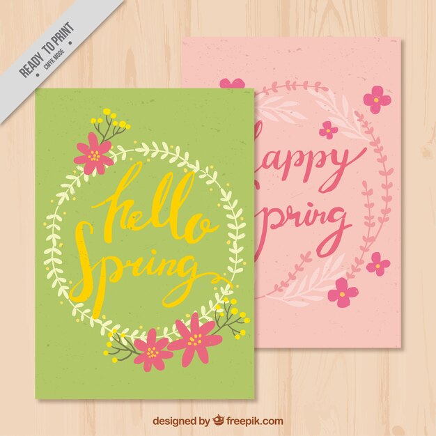 Pack de tarjetas vintage primaverales verde y rosa