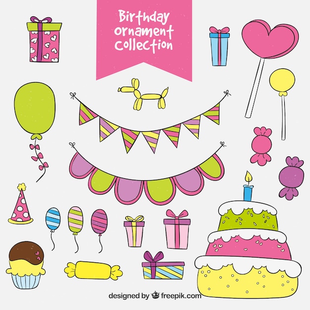 Pack de tarta con elementos de cumpleaños dibujados a mano 