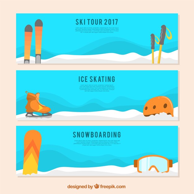 Pack de tres banners con equipamiento de deportes de invierno