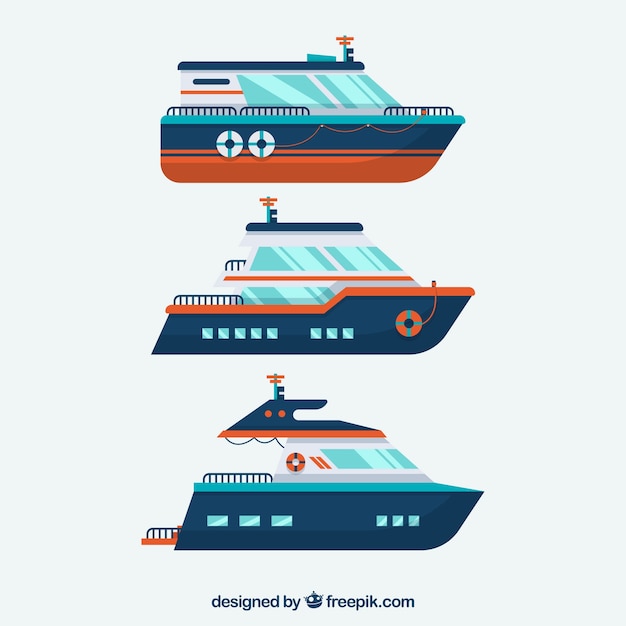 Vector gratuito pack de tres barcos en diseño plano