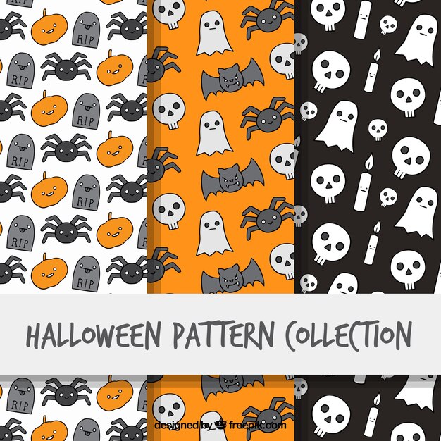 Pack de tres patrones de halloween dibujados a mano