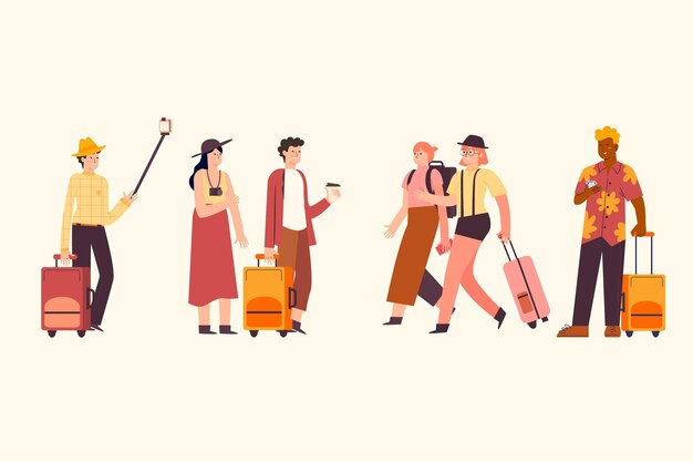Pack de turistas planos dibujados a mano